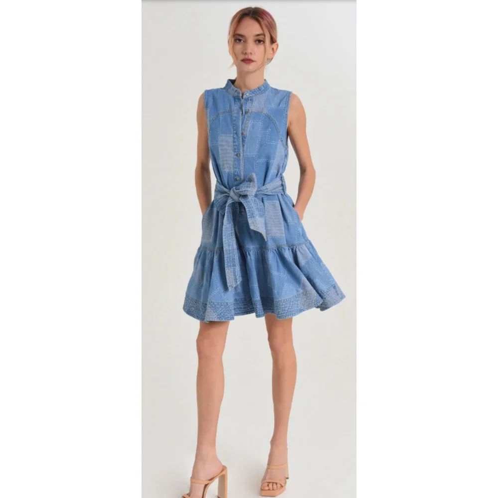 Ciebon Dress Large‎ Blue Elly Patchwork Denim Mini Shirtdress Belted - Picture 3 of 13